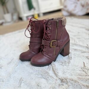 JustFab Burgundy Lace-Up Block Heel Ankle Boots with Buckle